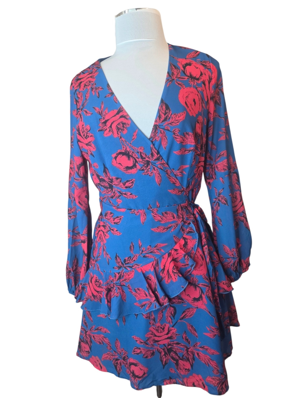 Cupshe Stunning Blue Hot Red Floral Print True Wrap Dress Size Women's Large - Picture 2 of 13